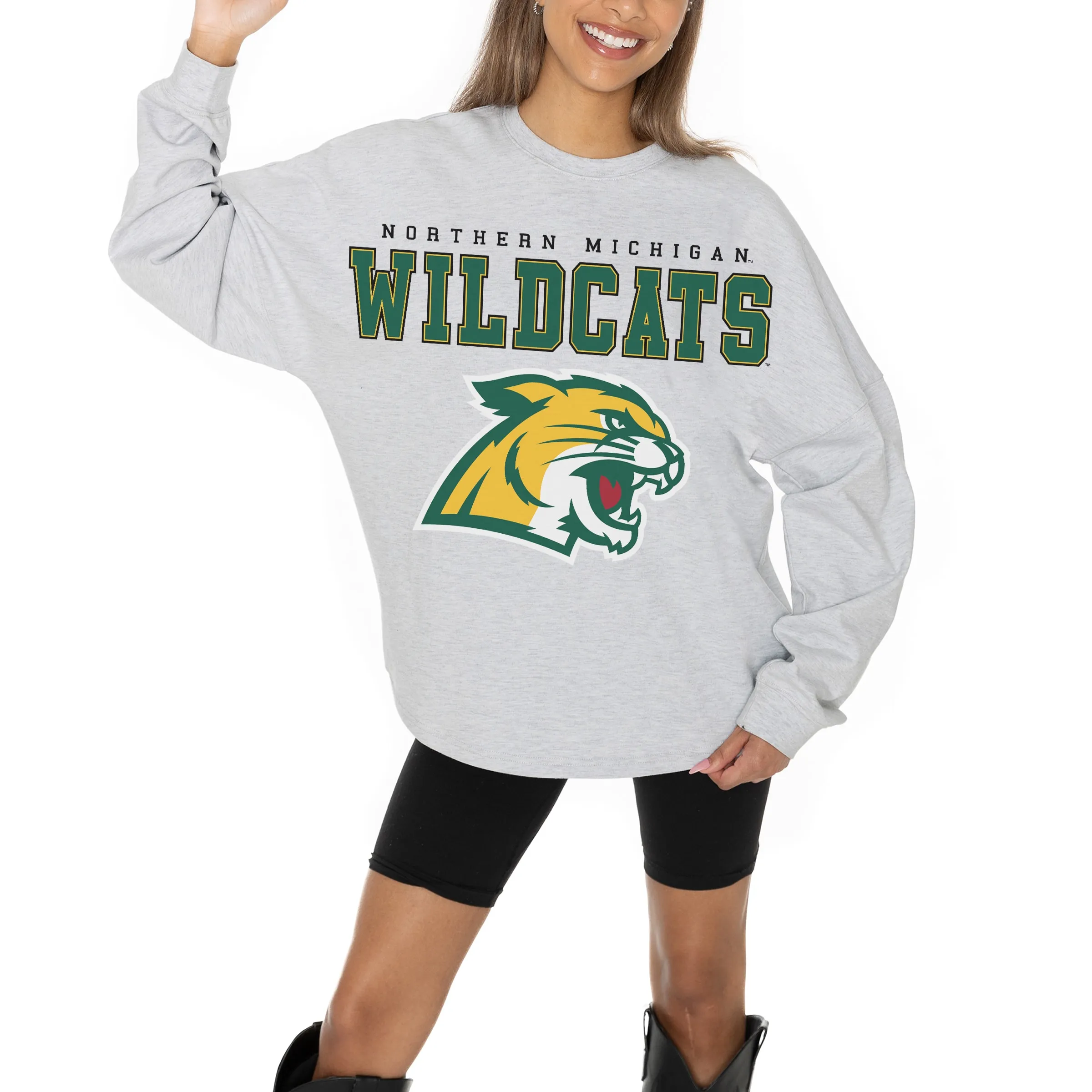 Women's Gameday Couture Ash Northern Michigan Wildcats Big Goals Relaxed Fit French Terry Pullover Sweatshirt