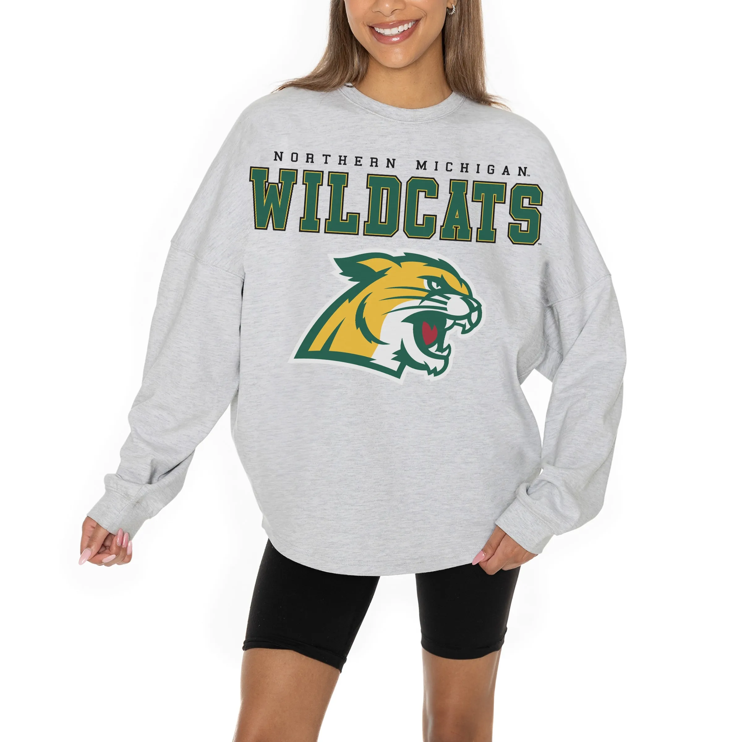 Women's Gameday Couture Ash Northern Michigan Wildcats Big Goals Relaxed Fit French Terry Pullover Sweatshirt