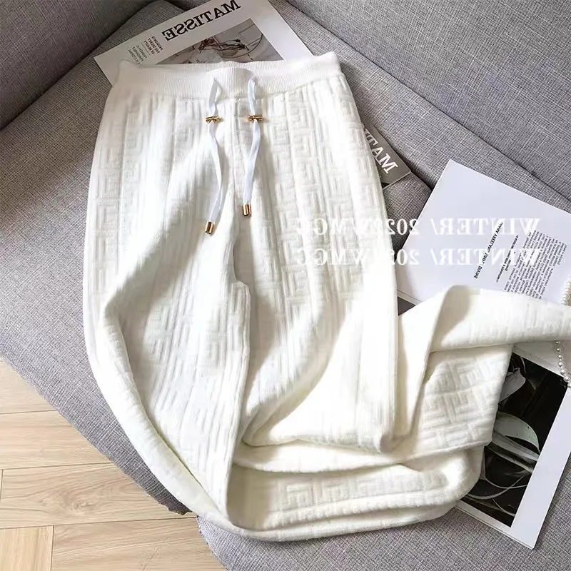 YLSZ Customized ~ White Wide Leg Pants Spring and Autumn 2023 New Knitted Pants High Waist Draping Granny Pants Casual Pants (P1