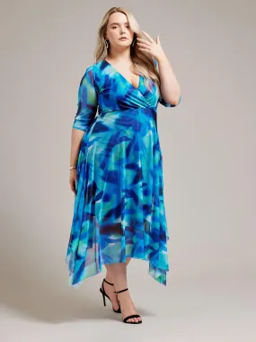 Yours Curve Abstract Mesh Wrap Hanky Hem Dress - Blue