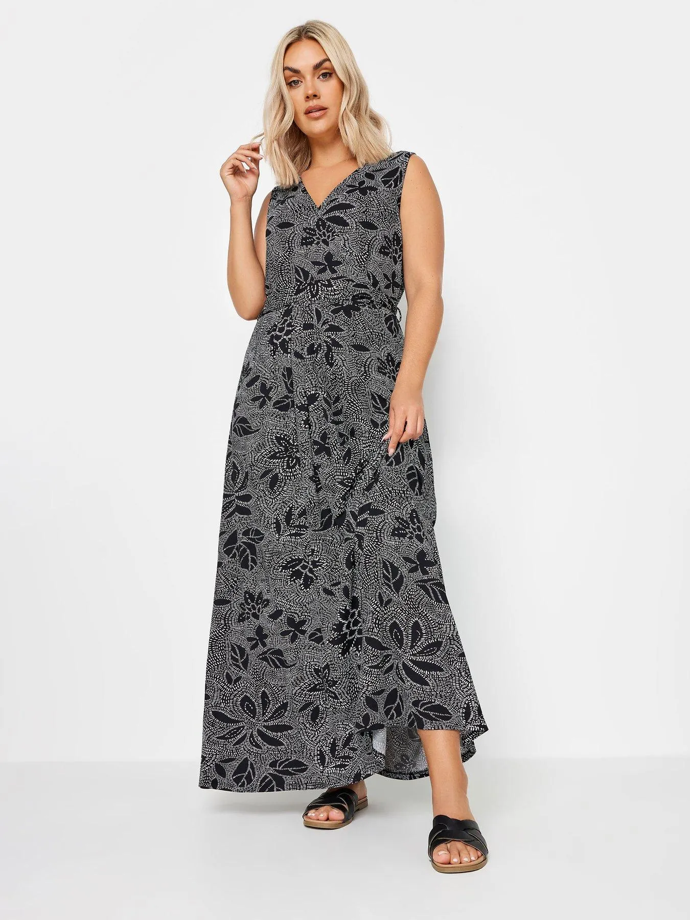 Yours Sleeveless Mono Wrap Dress - Black (Curve)