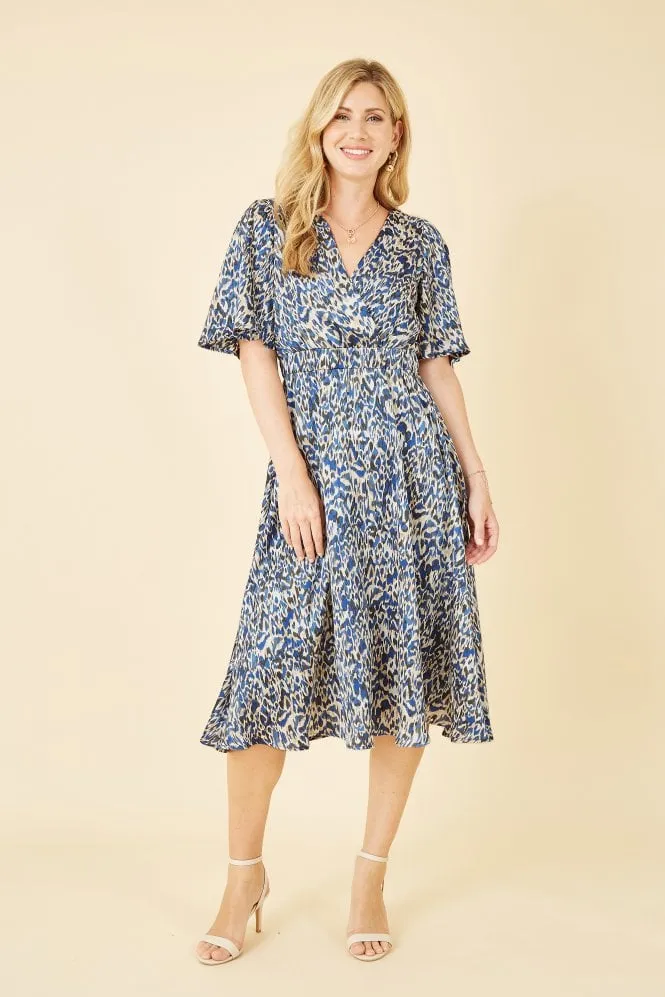 Yumi Blue Animal Print Wrap Midi Skater Dress