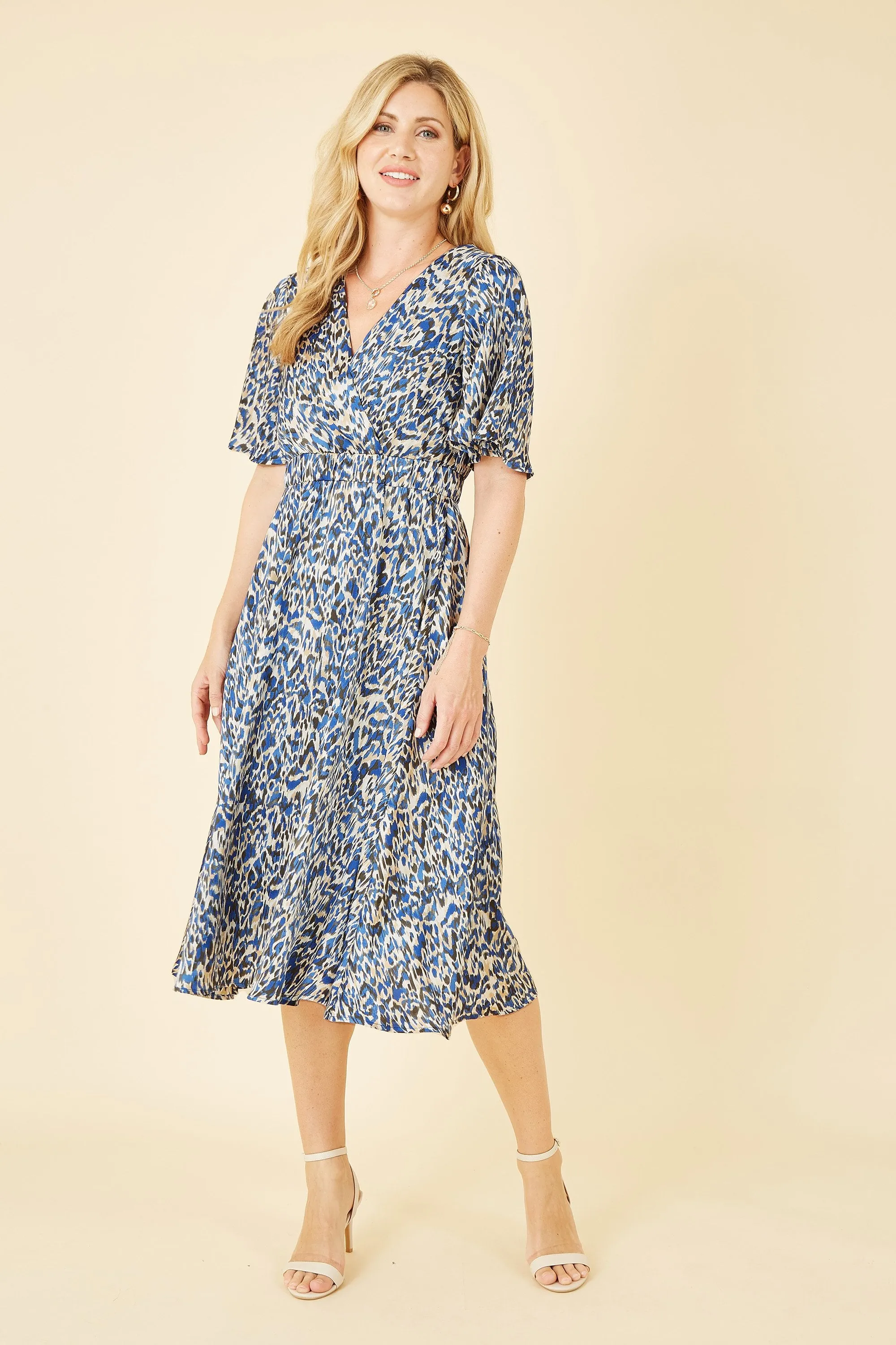 Yumi Blue Animal Print Wrap Midi Skater Dress