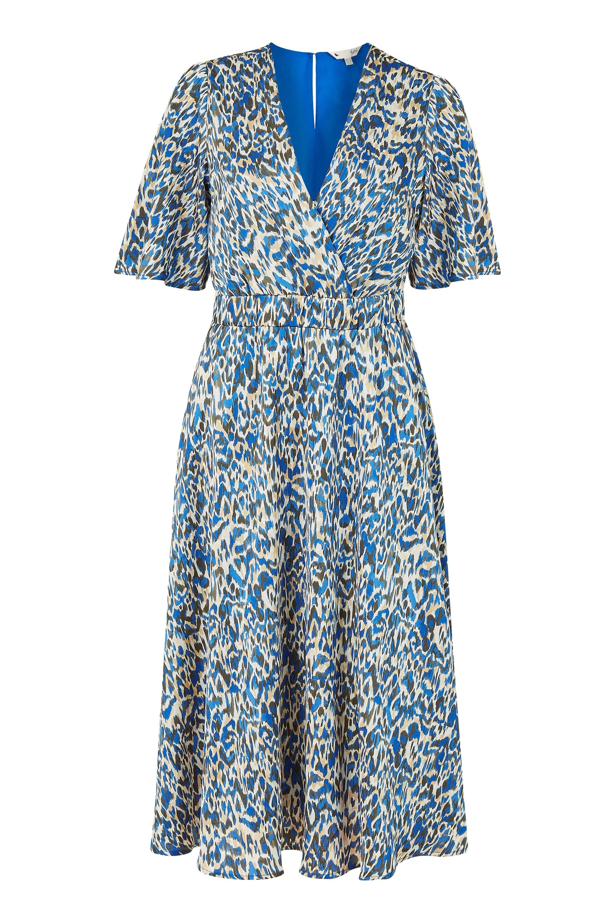 Yumi Blue Animal Print Wrap Midi Skater Dress