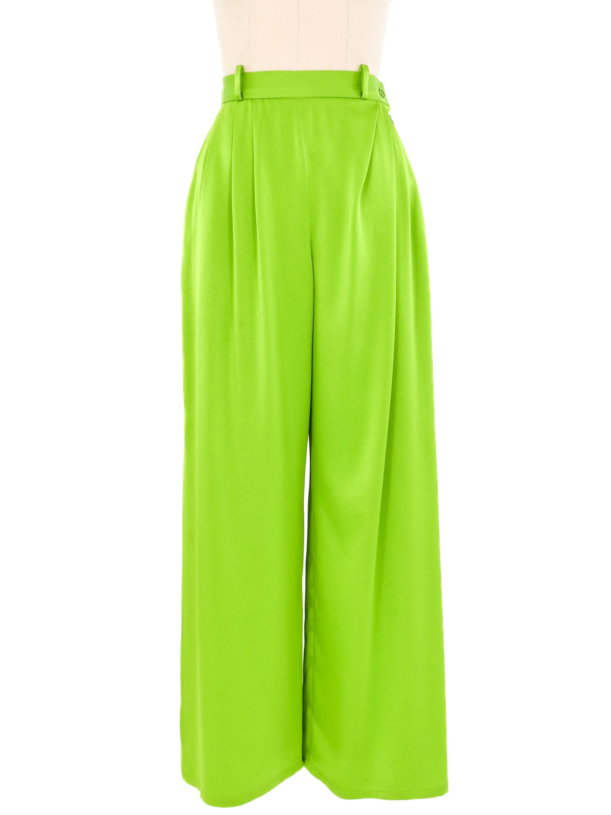 Yves Saint Laurent Green Satin Split Leg Pants