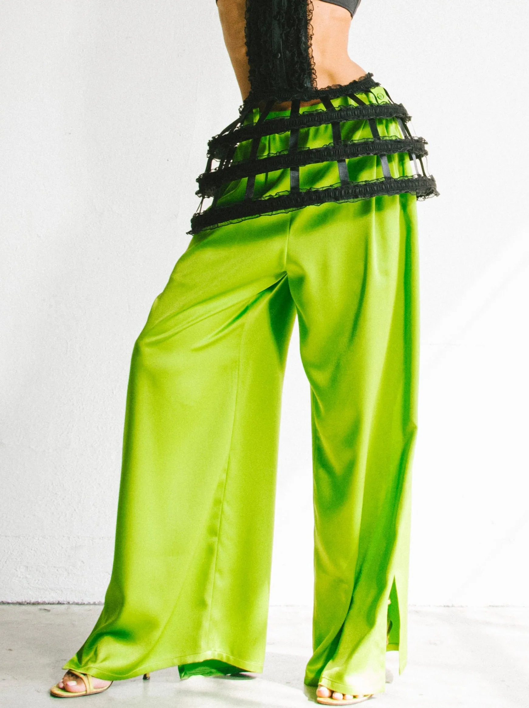 Yves Saint Laurent Green Satin Split Leg Pants