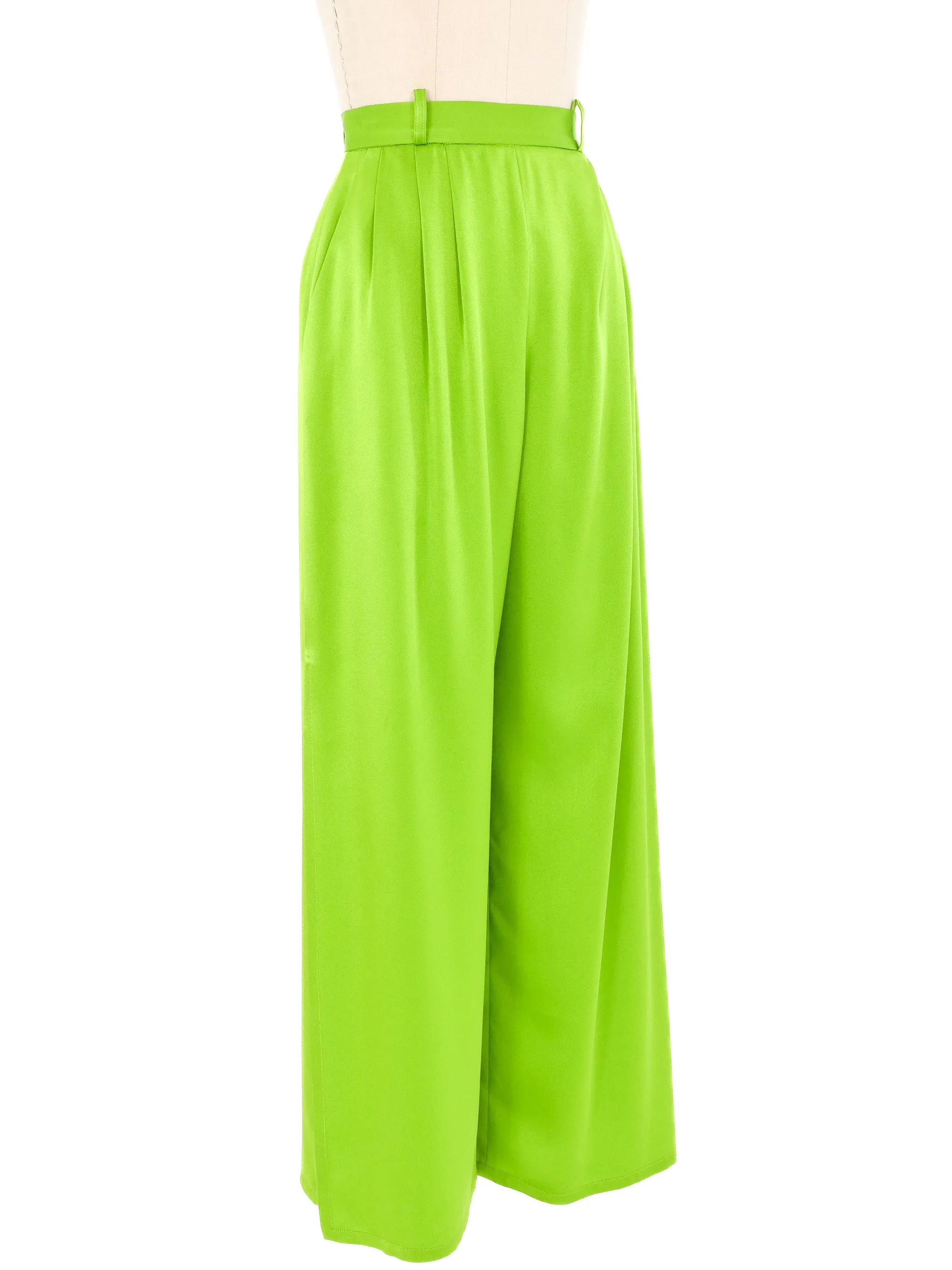 Yves Saint Laurent Green Satin Split Leg Pants