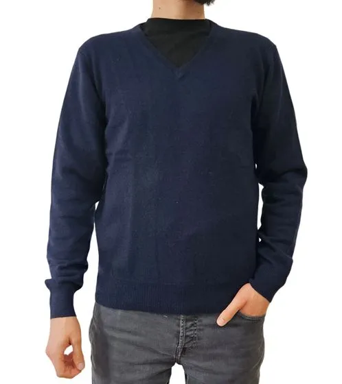 ZWILLINGSHERZ maglione da uomo 100% cashmere pullover con camicia a maniche lunghe scollo a V navy